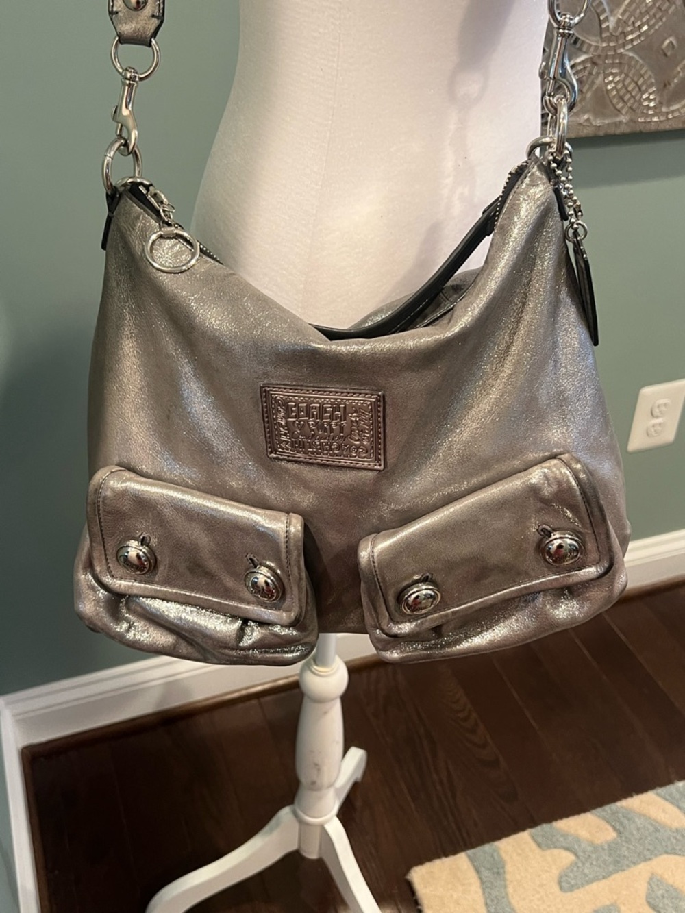 Coach 14561 Poppy Metallic Silver Leather Double Front Pocket Bag - Picture 2 of 16